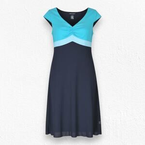 Y2K Turquoise Black Color Block Chiffon Deadstock Cap Sleeve Midi Dress Size 10